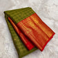 Olive Green pure silk Kanjivaram saree, Zari Kattam weave with Vermilion Gold Zari border — full drape view