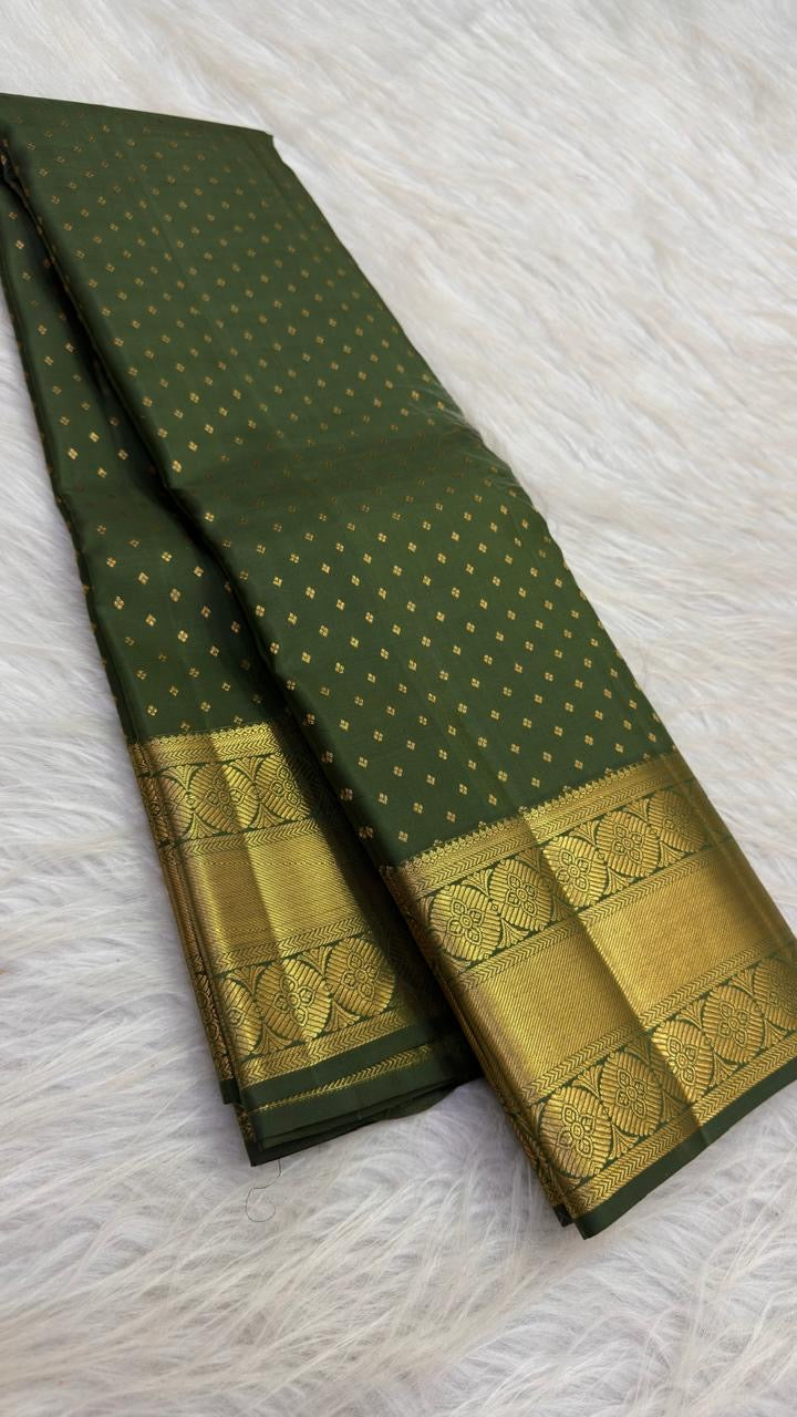Olive green Rettapet Kanjipuram saree with gold buttas
