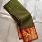 Olive Green handwoven pure silk Kanjipuram saree, Korvai weave with vermilion red border — full saree overview — Idam Living