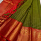 Olive Green pure silk Kanjivaram saree, Zari Kattam weave with Vermilion Gold Zari border — folded view