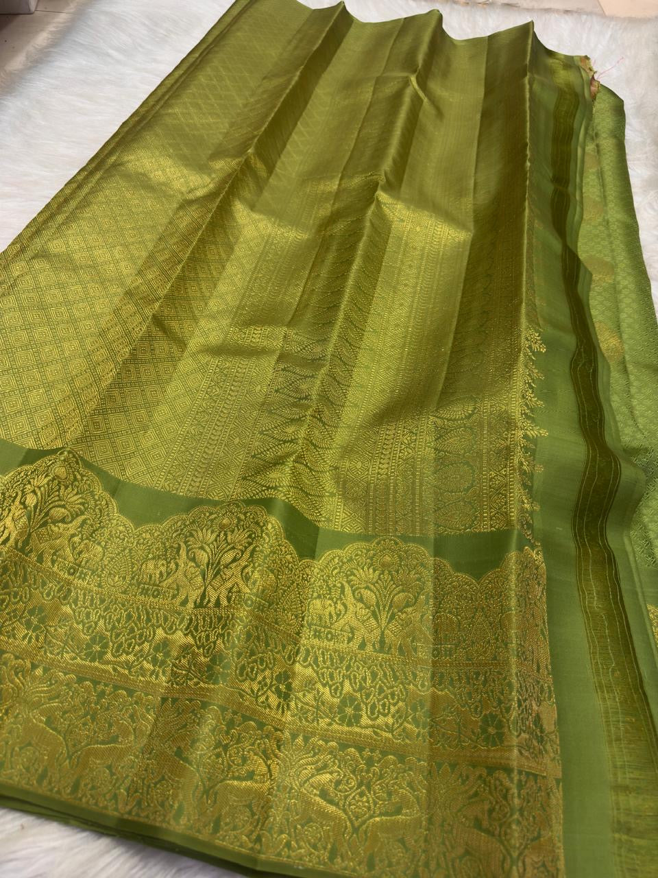 Olive green pure silk Kanjeevaram butta saree, Idam Living