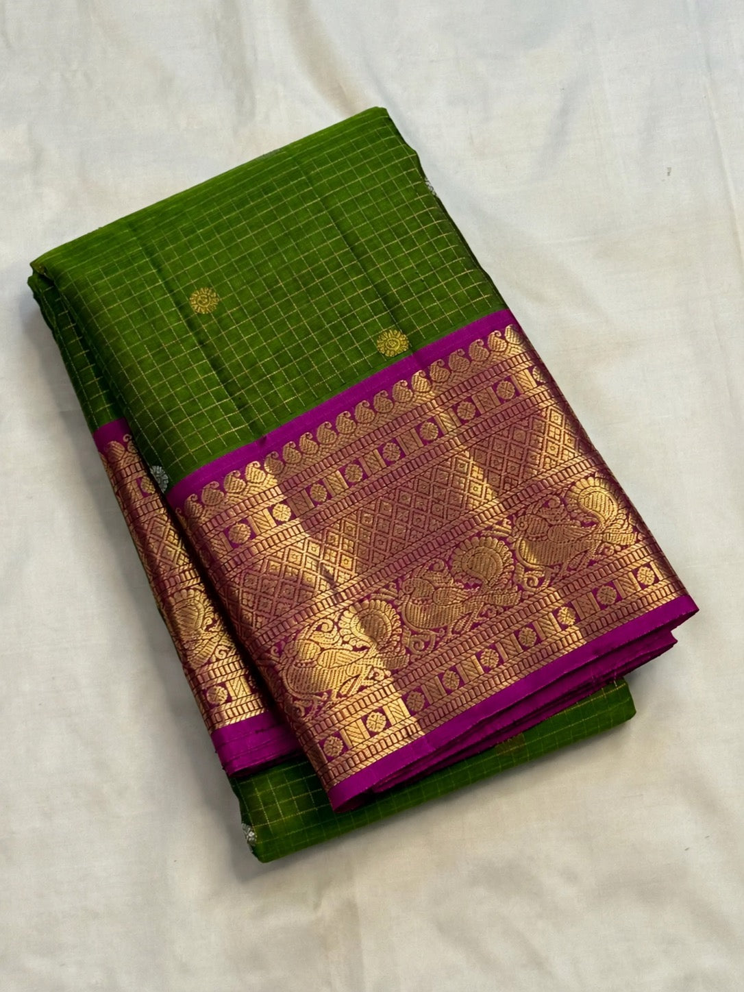 Olive green and rani pink Kancheepuram Zari Kattam pure silk saree