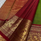Olive moss green Pure Silk Kanjivaram Korvai saree with vermilion red border and antique gold zari panels