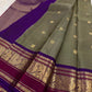 Olive Grey Pure Silk Kanchi Pattu Saree — full saree overview, Butta weave with purple peacock border — Idam Living