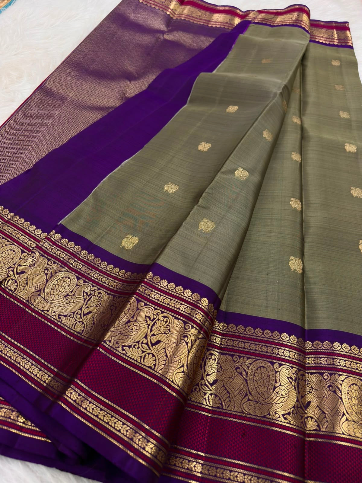 Olive Grey Pure Silk Kanchi Pattu Saree — full saree overview, Butta weave with purple peacock border — Idam Living