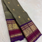 Olive Grey Kanchi Pattu Saree — body close-up showing scattered gold zari buttas