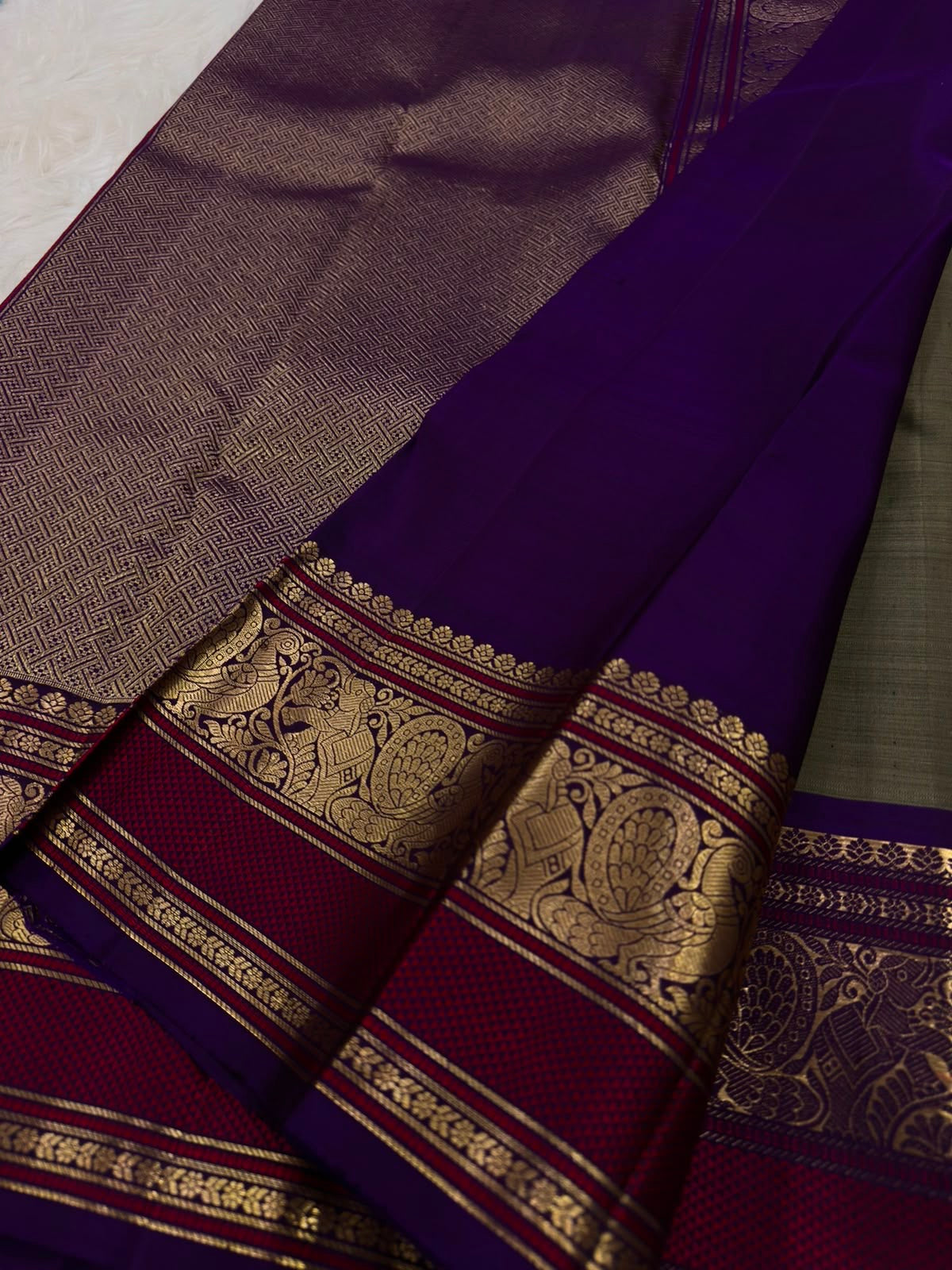 Olive Grey Kanchi Pattu Saree — folded full saree view
