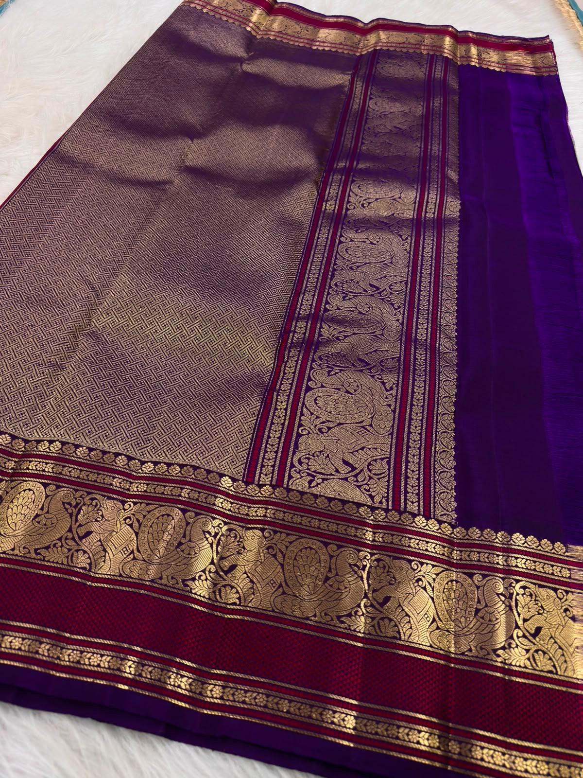 Olive Grey Kanchi Pattu Saree — full drape, pure silk Kanchipuram handwoven — Idam Living