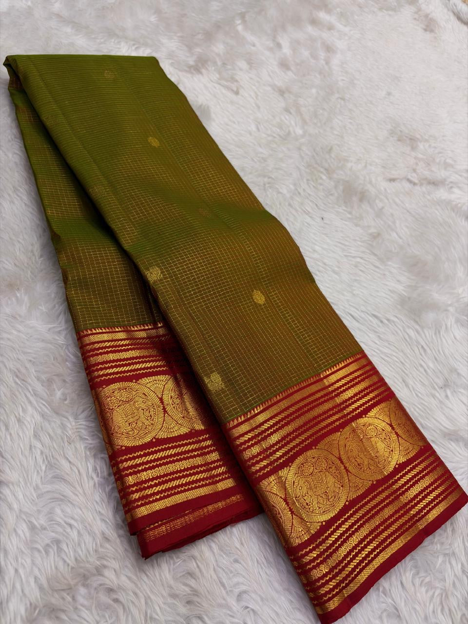 Olive Moss Pure Silk Kancheepuram Zari Kattam Saree - front view