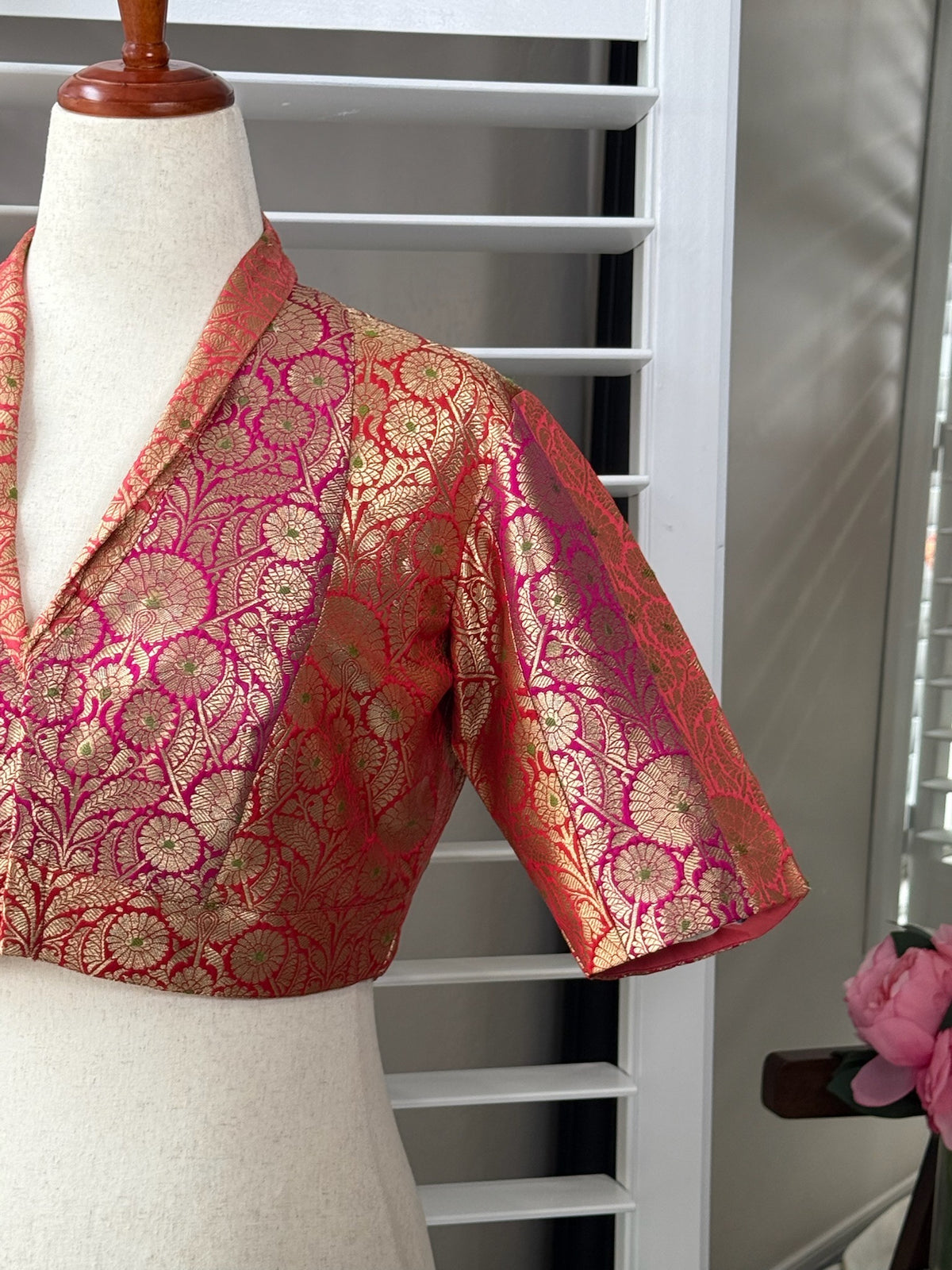 Ombré pure silk Banarasi blouse in peach pink and red with a green Meenakari centre, Idam Living