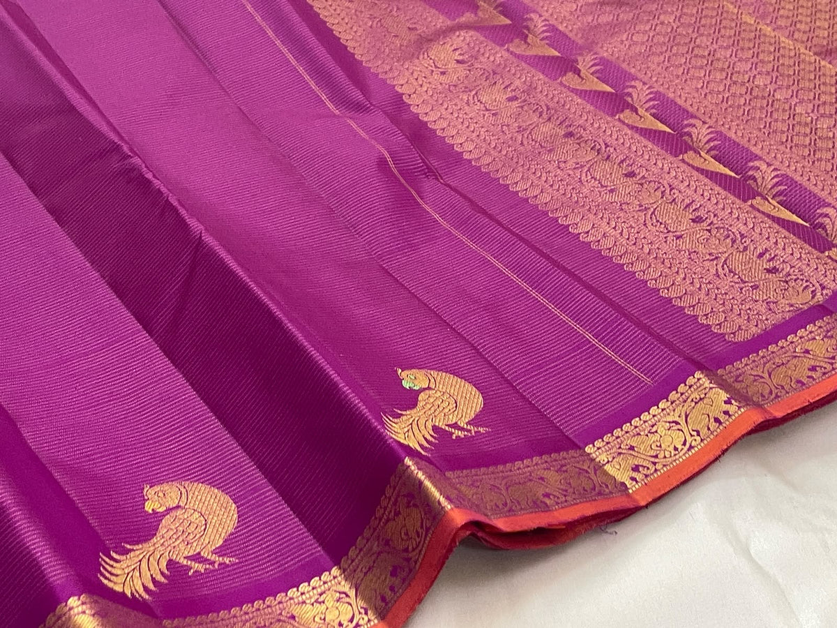 Deep Violet Handwoven Pure Silk Kanjivaram Vairaoosi Saree with Peacock Motif