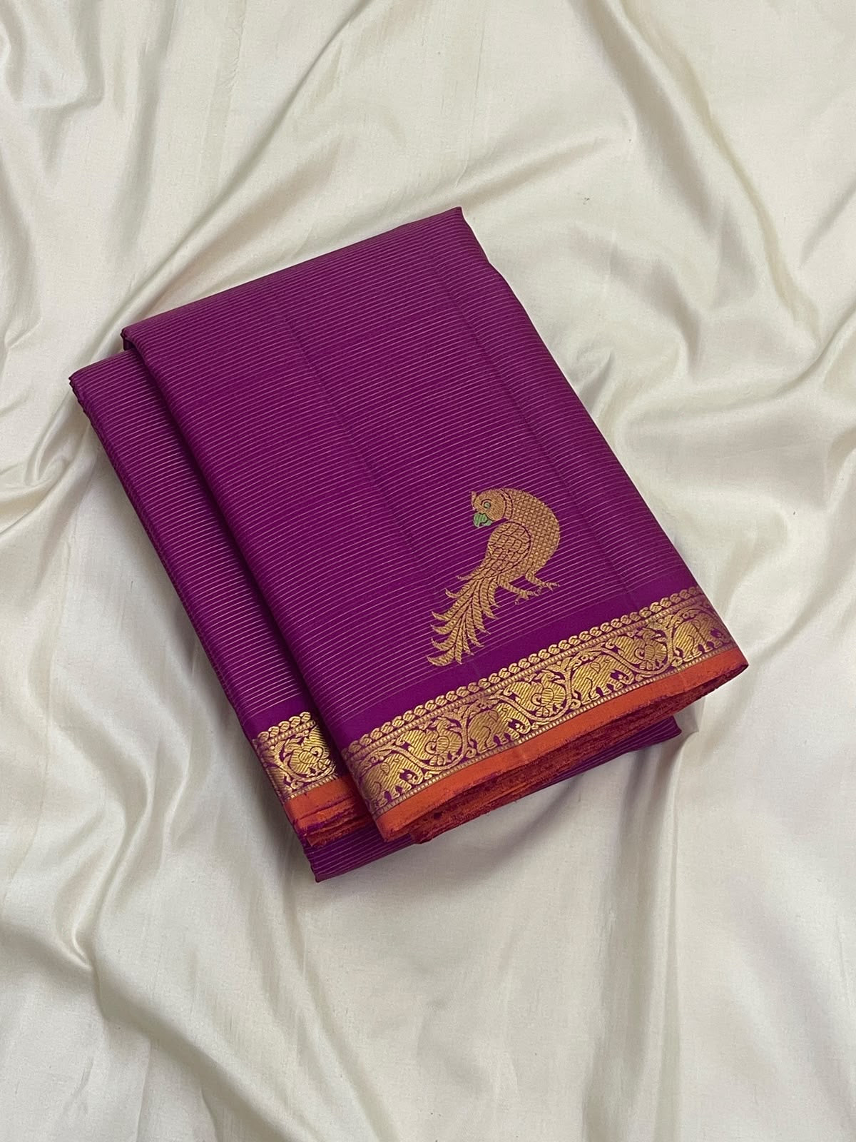 Deep Violet Handwoven Pure Silk Kanjivaram Vairaoosi Saree with Peacock Motif