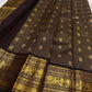 Deep brown lightweight handwoven pure silk Kanjivaram saree with Zari Kattam body Mayil Chakram butta and ornate antique gold zari border overview