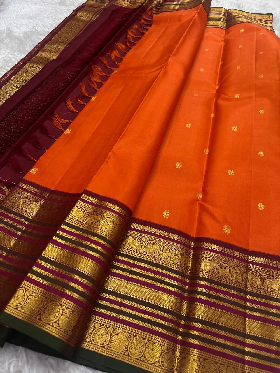 Orange pure silk Kanchipuram saree with magenta and black Varisaipet border — full overview, Idam Living