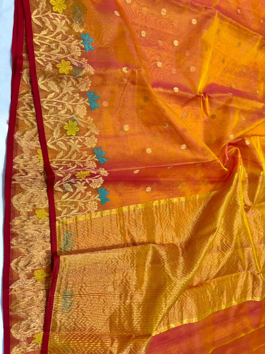 Sunset Orange Pure Silk Chanderi Saree draped view with Antique Gold Border