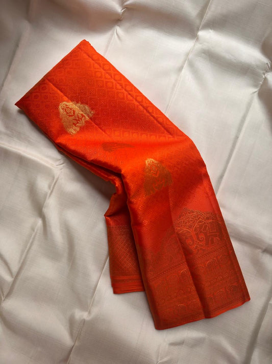 Kumkum orange Kanjivaram saree with traditional Kanchipuram motifs, Idam Living