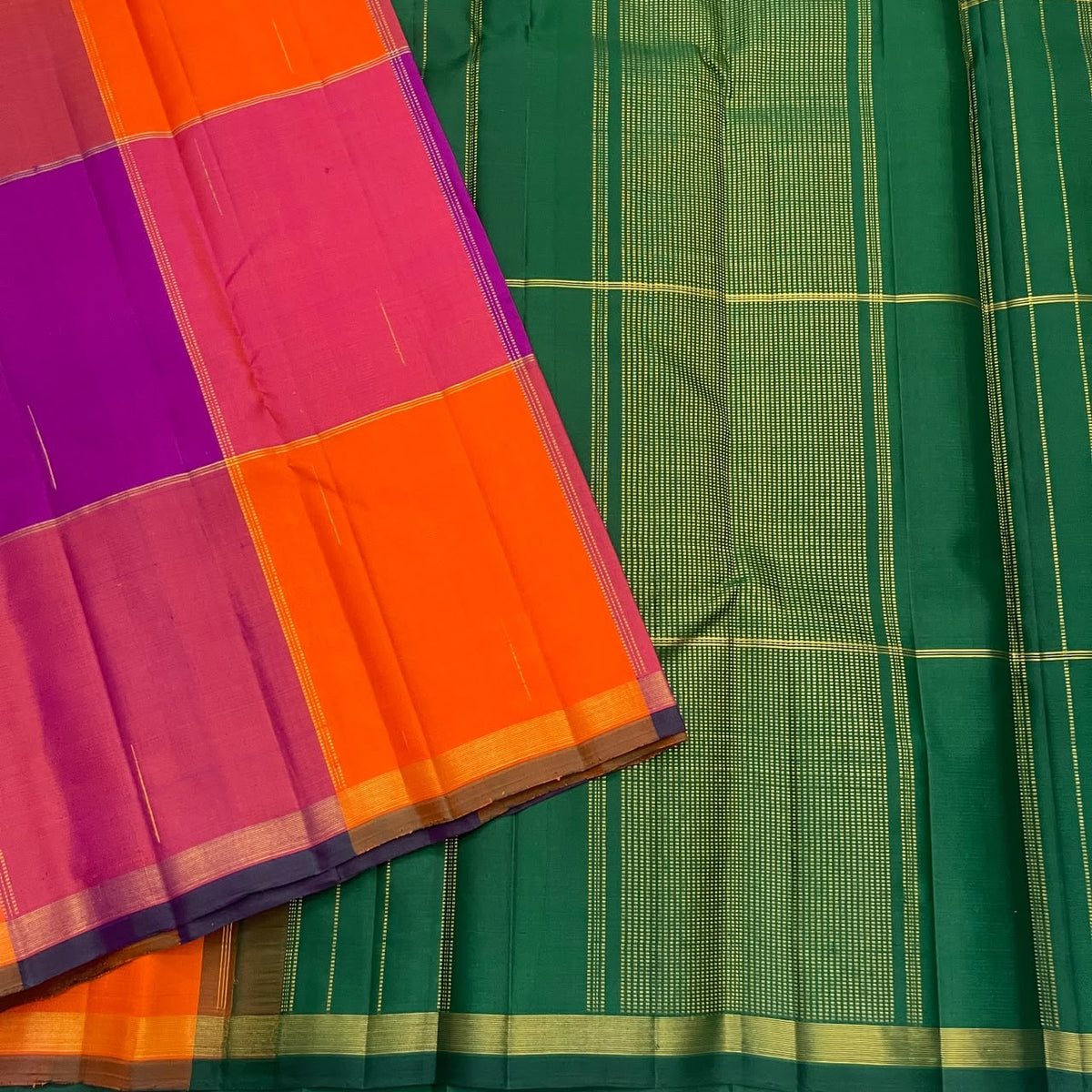 Orange and pink Kanchipuram checks in pure silk
