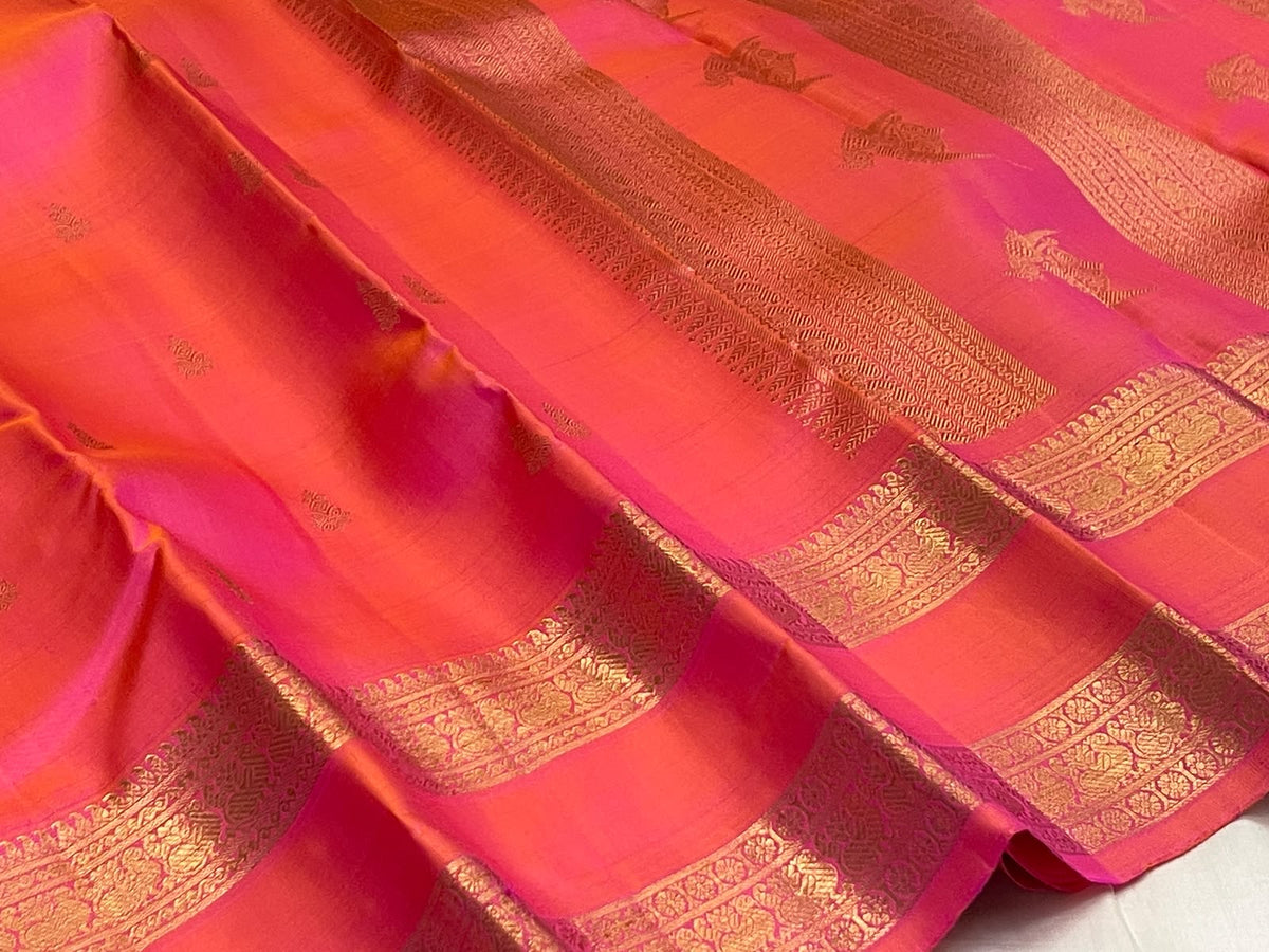 Radiant Orange Pink Shot Colour Handwoven Pure Silk Kanjeevaram Rettapet Saree with Gold Zari Border