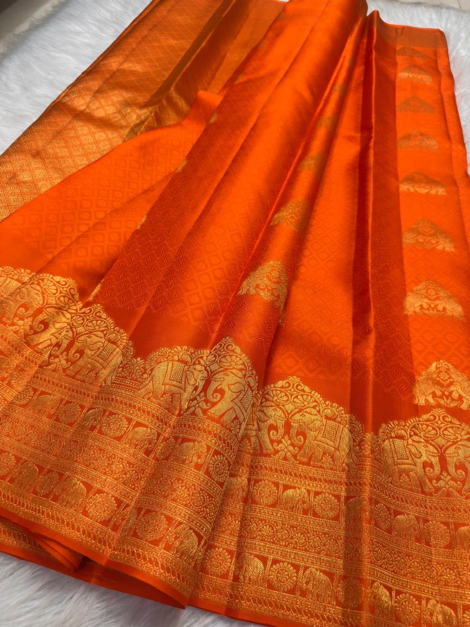 Orange pure silk Kanjeevaram butta saree, Idam Living