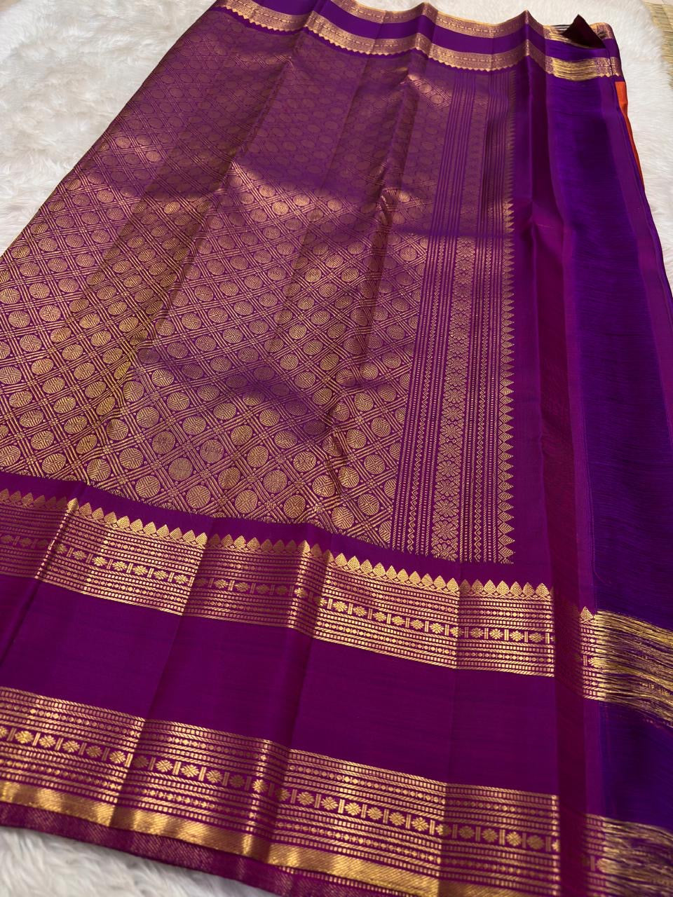 Orange and Purple Handwoven Pure Silk KanchiPattu Saree with Zari Kattam Body and Gold Rettapet Border