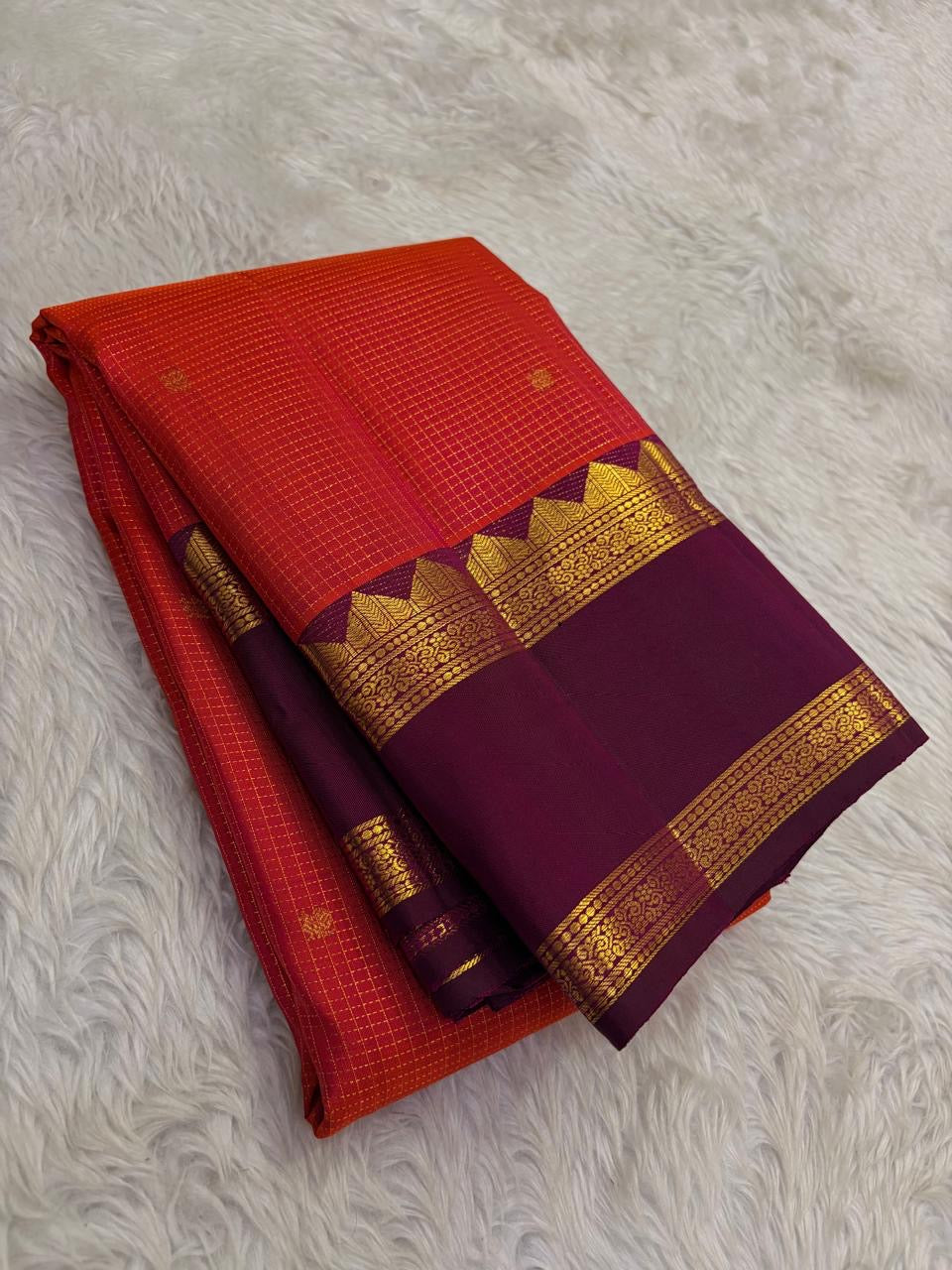 Orange and Purple Handwoven Pure Silk KanchiPattu Saree with Zari Kattam Body and Gold Rettapet Border