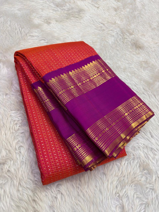 Orange and Purple Handwoven Pure Silk KanchiPattu Saree with Zari Kattam Body and Gold Rettapet Border