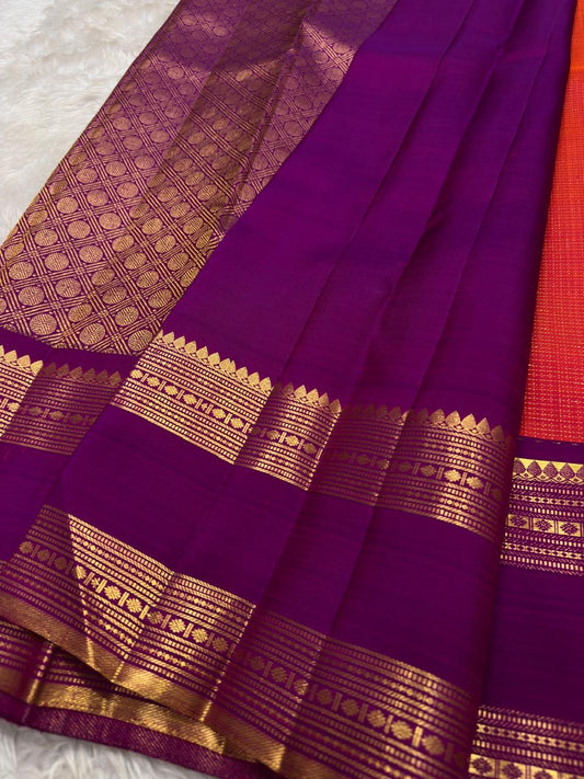 Orange and Purple Handwoven Pure Silk KanchiPattu Saree with Zari Kattam Body and Gold Rettapet Border