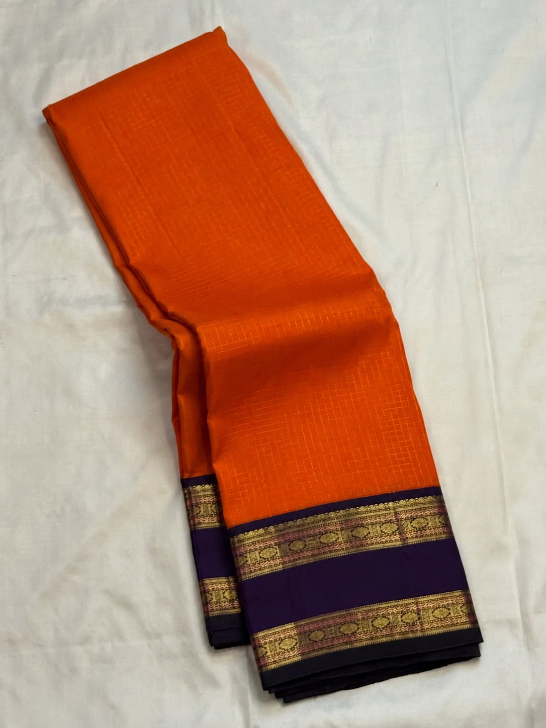 Orange and purple Rettapet Kanchipuram pure silk saree with floral zari pallu