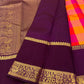 Orange and Rani pink Pure Silk Kanchipuram saree with an aubergine border.