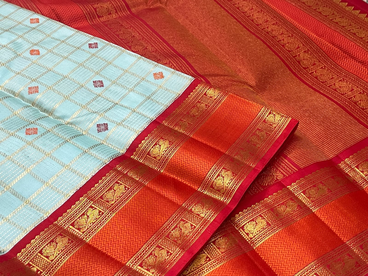 Orange-Red border on Ice Blue Kanchipuram silk saree