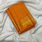 Handwoven Saffron Orange Kanchipuram saree with parallel Vairaoosi zari lines and gold border.
