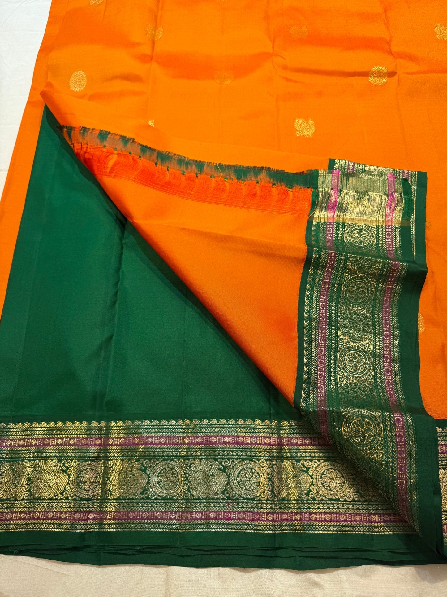 Orange Handwoven Pure Silk Kanchipuram Saree with Green Varisaipet Border