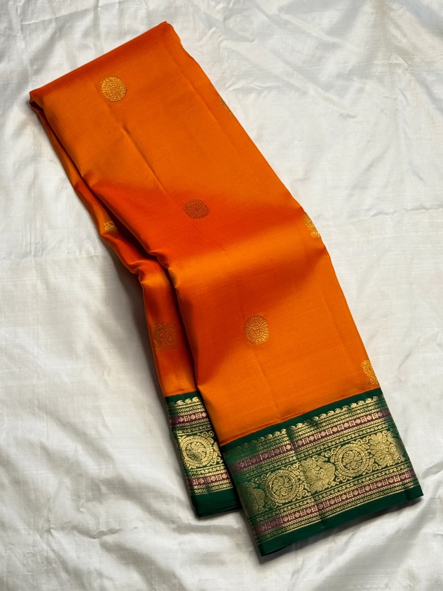 Orange Handwoven Pure Silk Kanchipuram Saree with Green Varisaipet Border