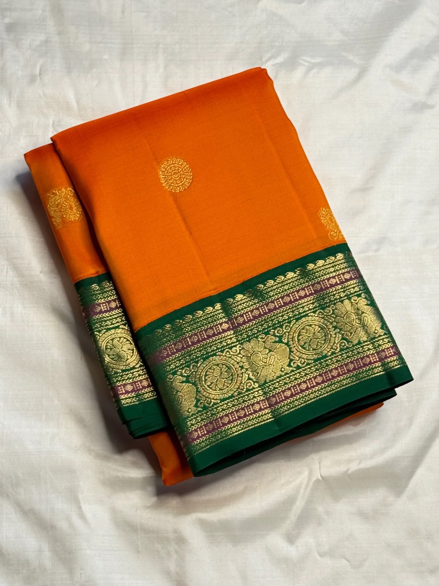 Orange Handwoven Pure Silk Kanchipuram Saree with Green Varisaipet Border