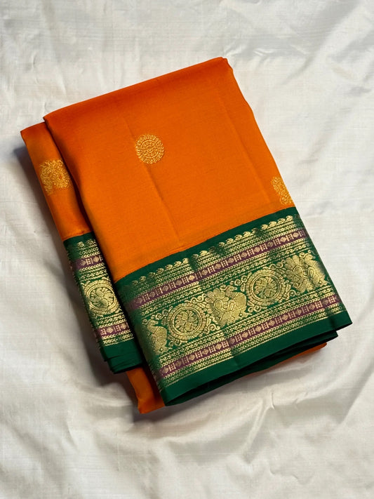 Orange Handwoven Pure Silk Kanchipuram Saree with Green Varisaipet Border