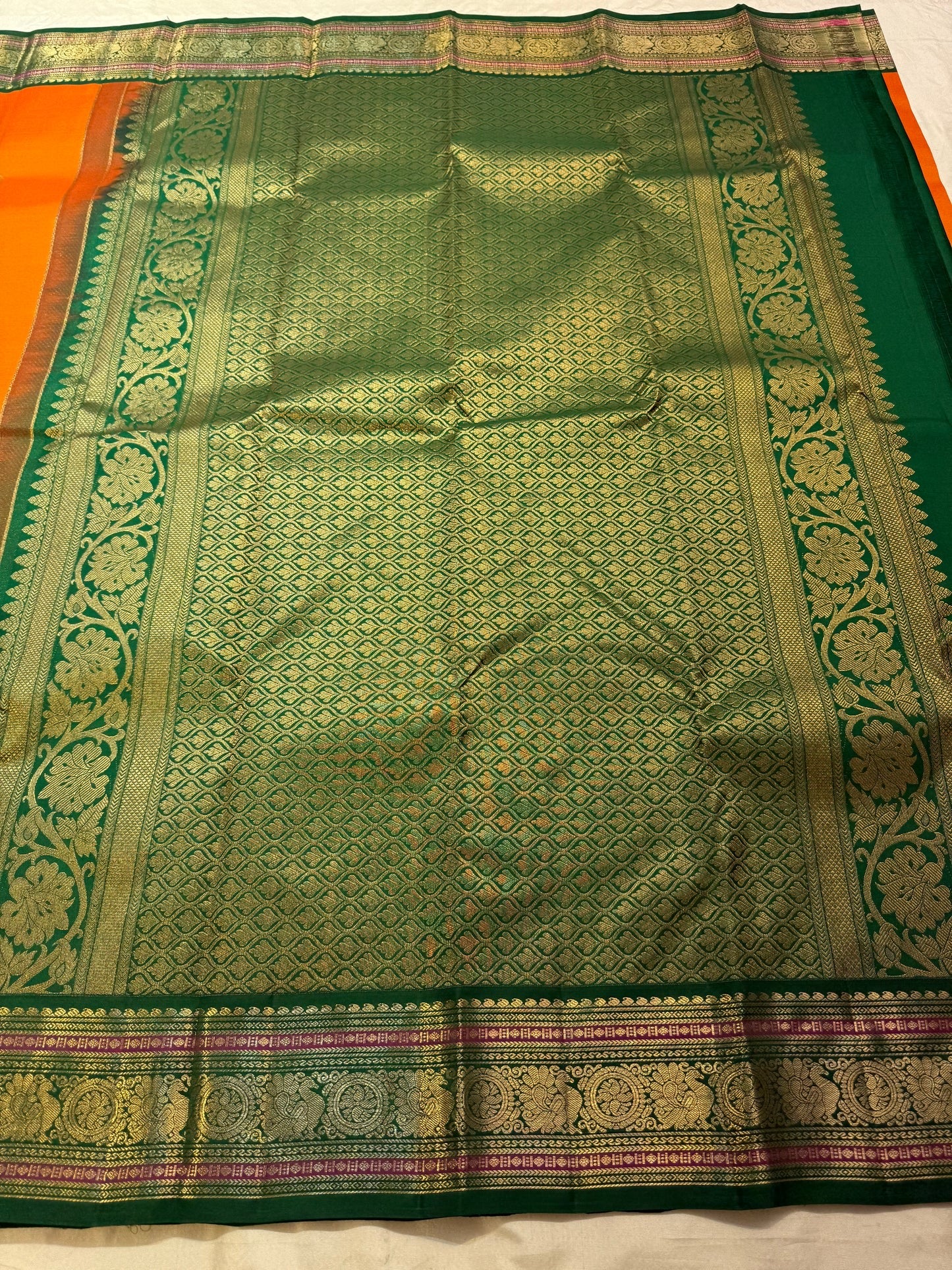 Orange Handwoven Pure Silk Kanchipuram Saree with Green Varisaipet Border