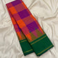 Sunset orange and violet Kanchi Kattam checks on a handwoven pure silk Kanchipuram saree