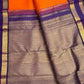 Orange Zari Kattam handwoven Kanjivaram pure silk body with fine gold checks