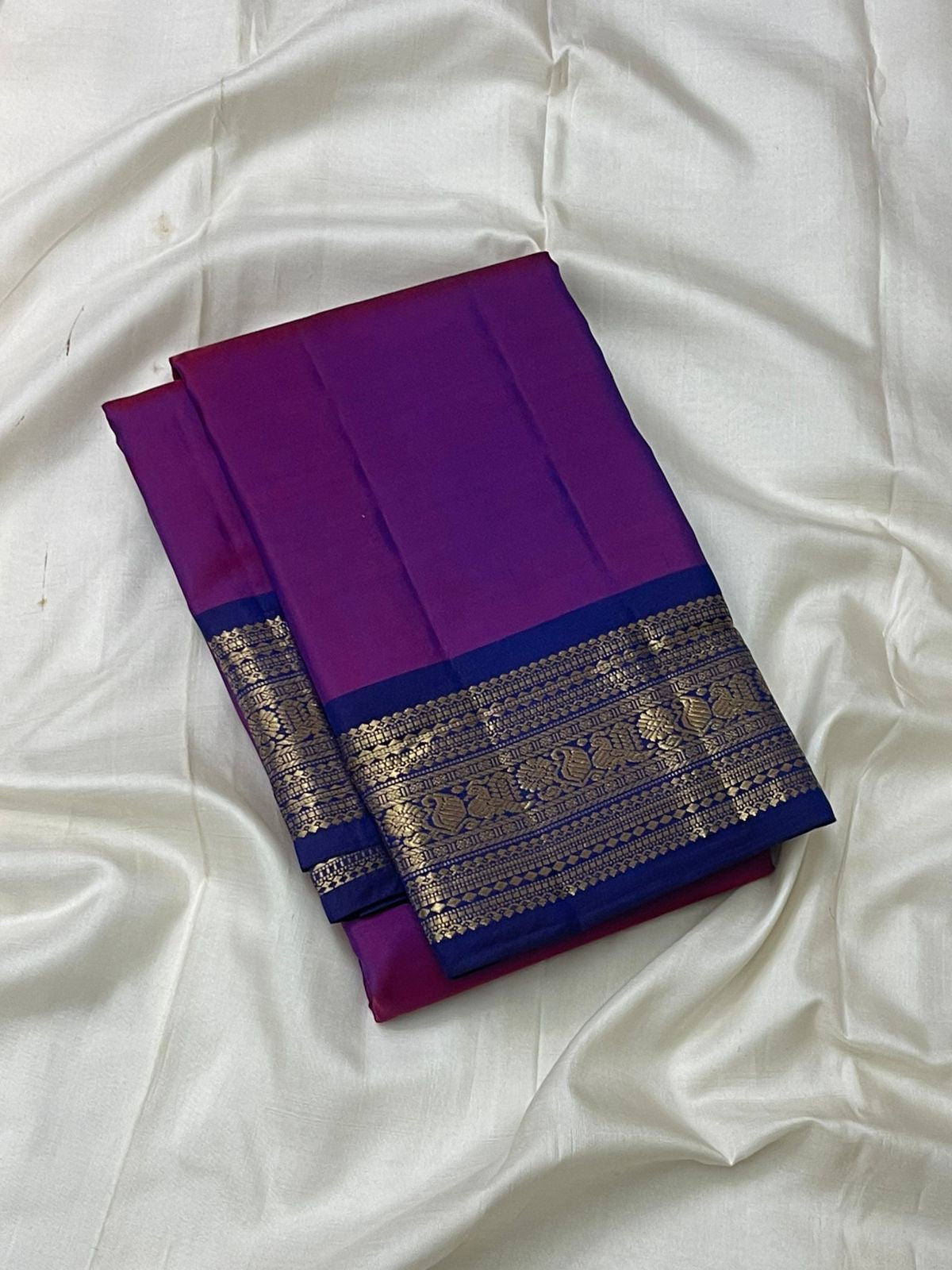 Fuchsia Kancheepuram pure silk saree with royal blue border and gold zari pallu — Idam Living