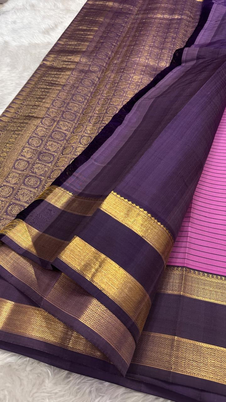Orchid purple KanchiPattu silk saree with aubergine border, full drape