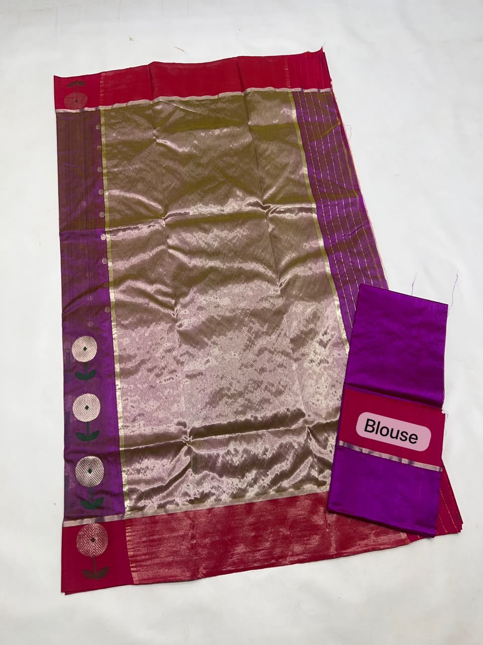 Orchid Purple Chanderi saree border detail with Raspberry Pink floral weaving