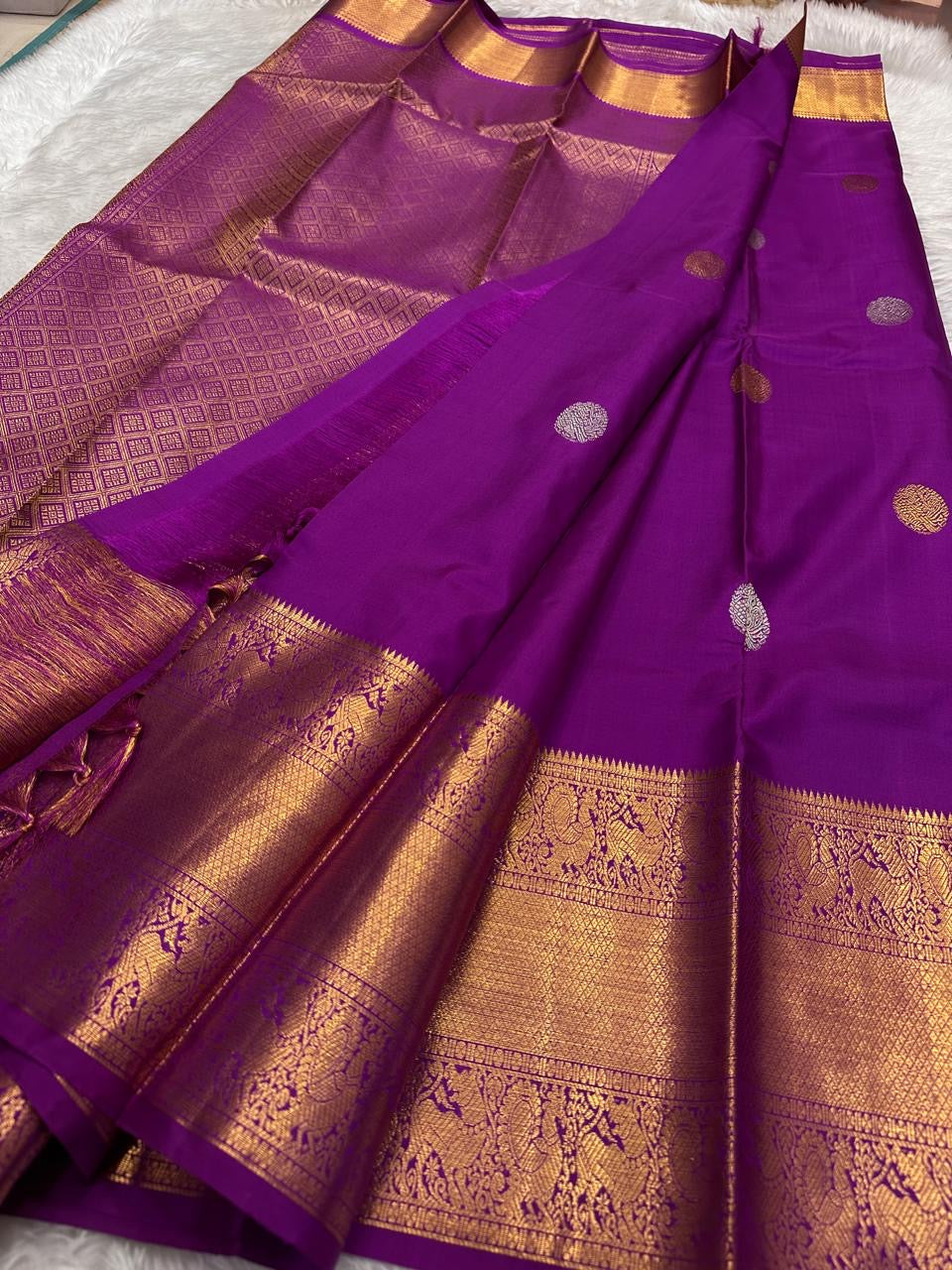 Orchid purple Kanchipuram silk saree with silver gold zari pallu