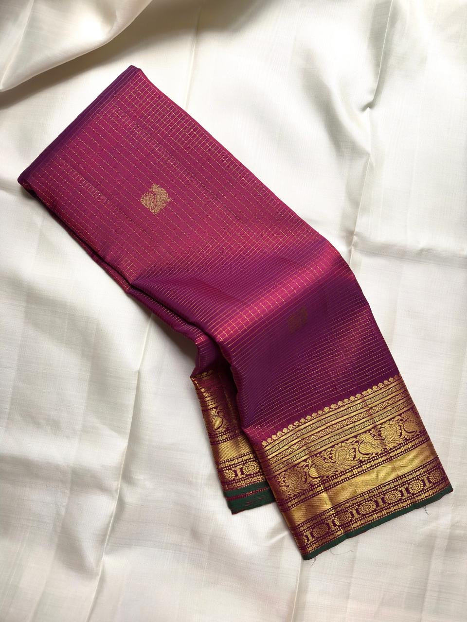 Orchid Purple Handwoven Pure Silk Kanchipuram Saree with Zari Kattam and Mayil Butta Rudhraksham Border