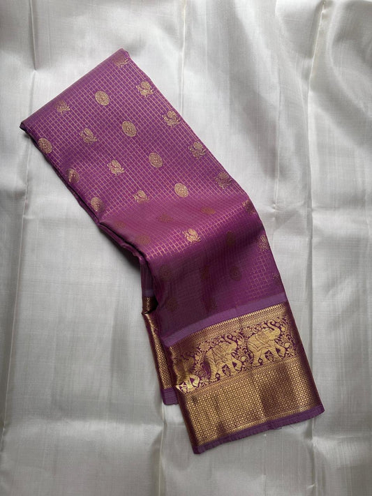 Orchid purple lightweight pure silk Kanjipuram saree with gold zari buttas