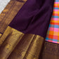 Antique-gold woven pallu with purple floral and linear registers | Kanjipuram pure silk saree.