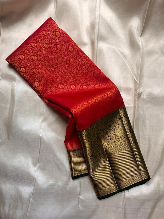 Red & Green Zari Border Pure Kanchipuram Silk Saree