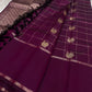 Plum Pure Kanchipuram silk saree with zari checked grid and woven motifs beside a zari-woven pallu and black tassels, shipped from New Jersey USA.