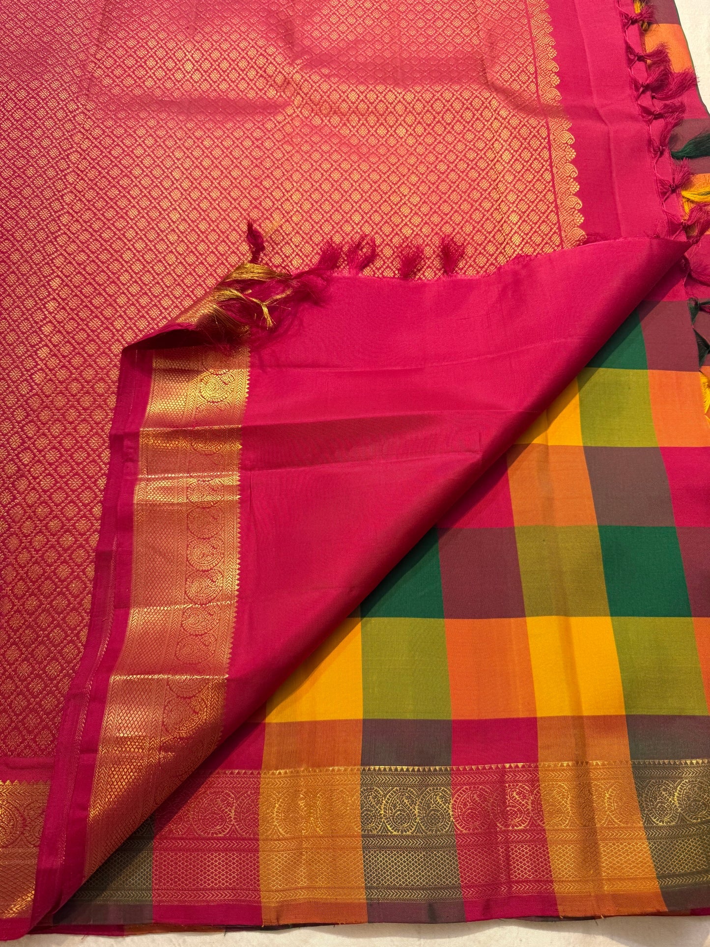 Multicolour pure silk Kanjivaram saree — oversized paalum pazhamum checks