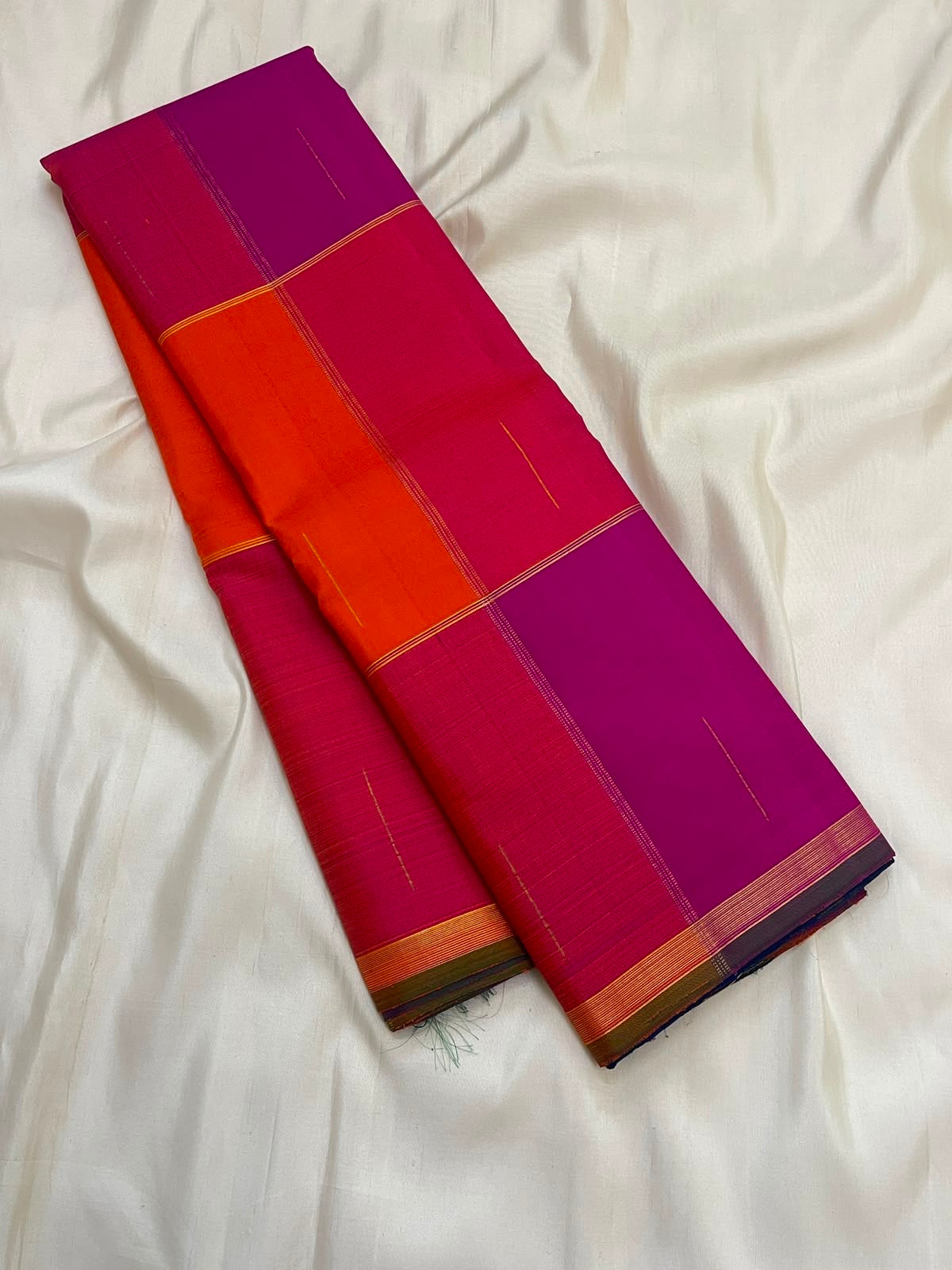 Oversized Paalum Pazhamum checks on the multicoloured pure silk Kanchipuram saree