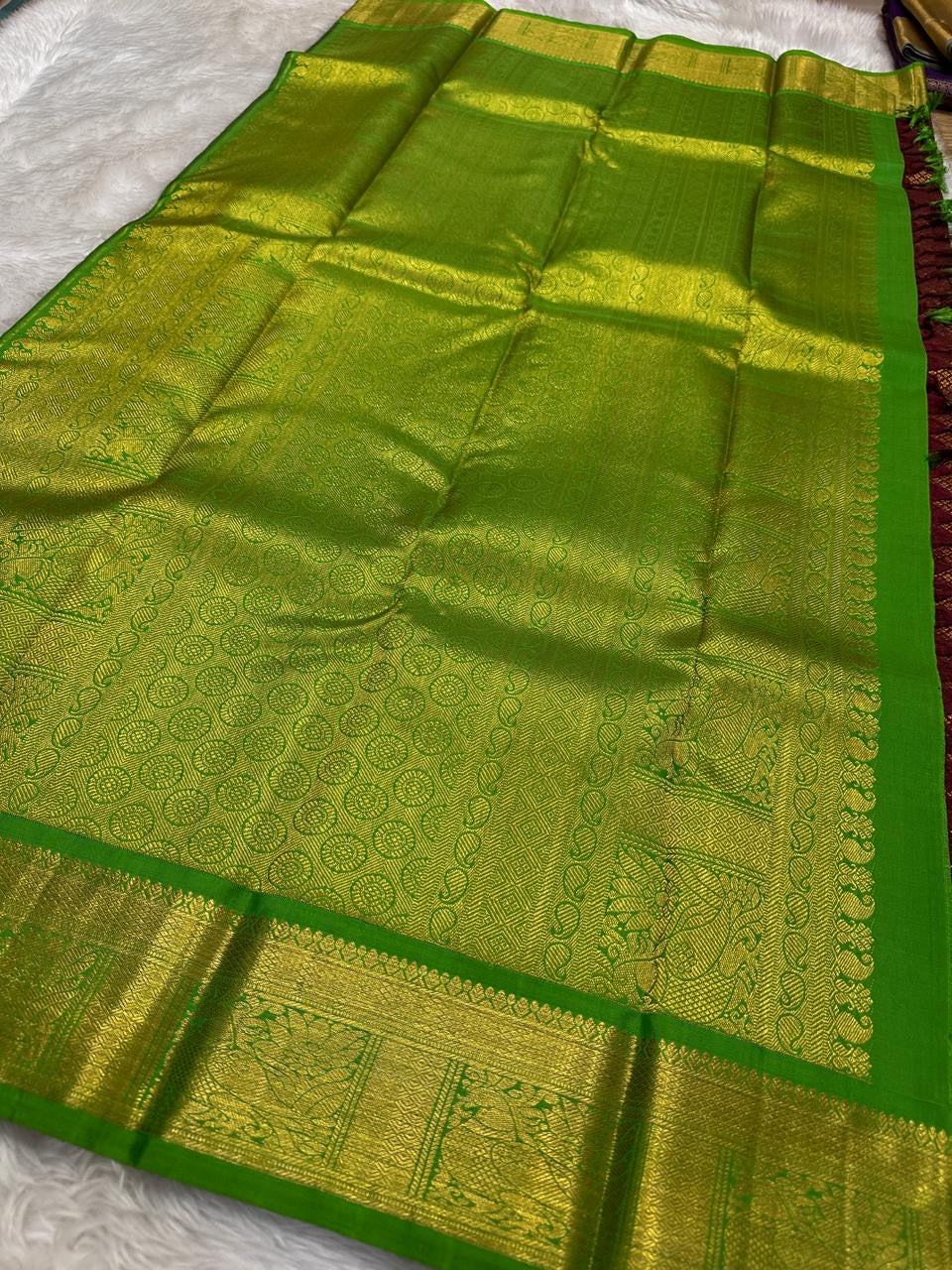 Paaku brown Zari Kattam silk with vivid green-and-gold woven pallu and repeating fine gold checks